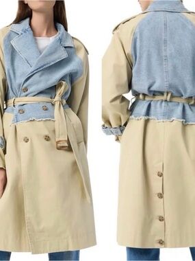 Beige Trench Coat with Light Blue Denim Overlay